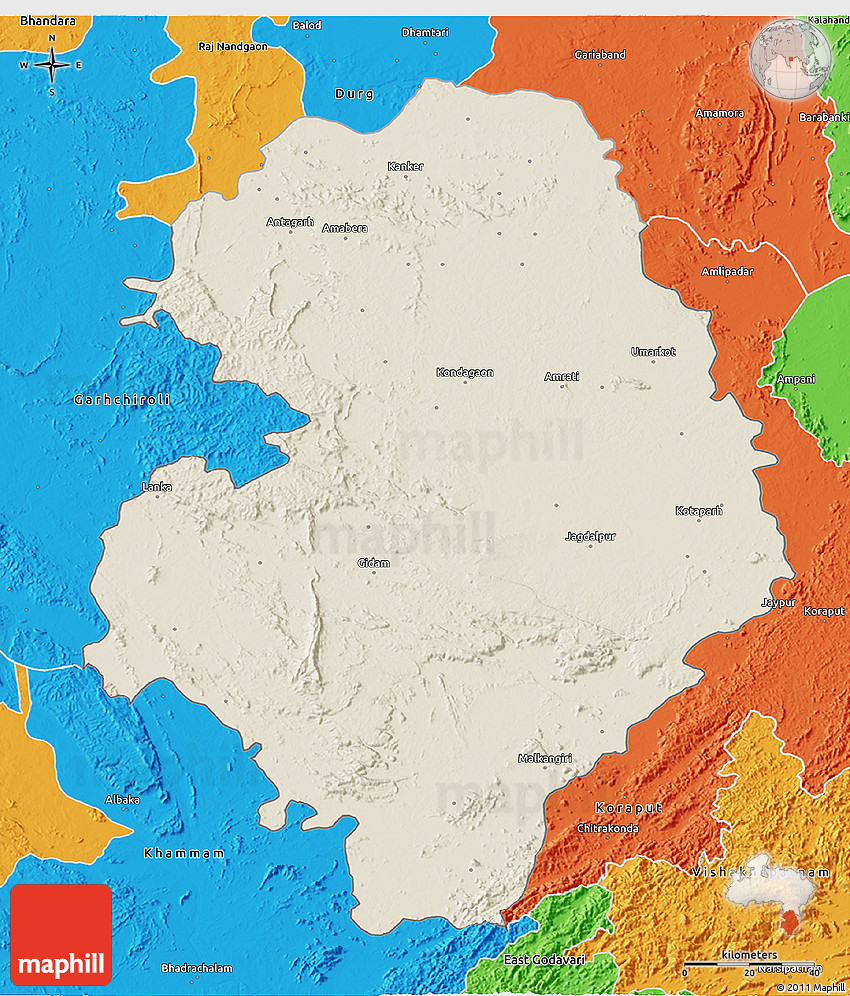 Shaded Relief 3D Map of Bastar (Jagdalpur), political outside
