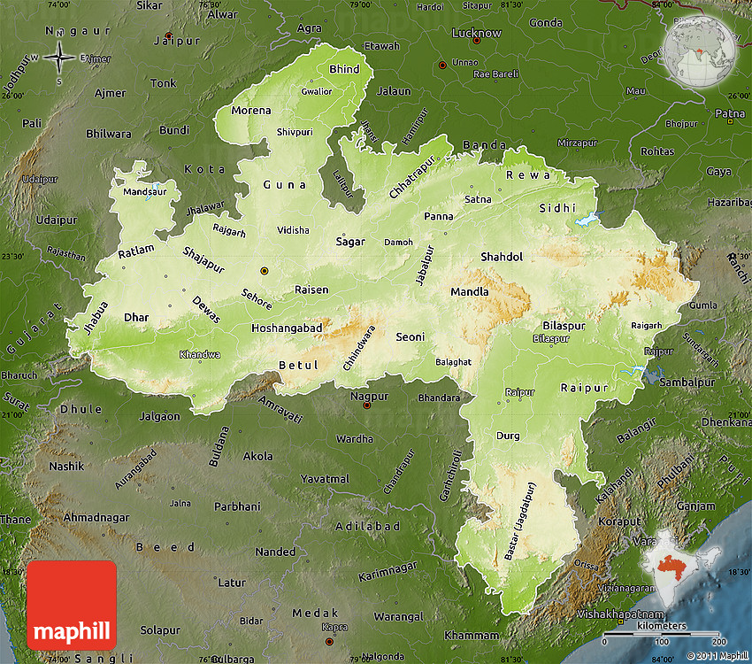 Geographical Map Of Mp Physical Map Of Madhya Pradesh, Darken