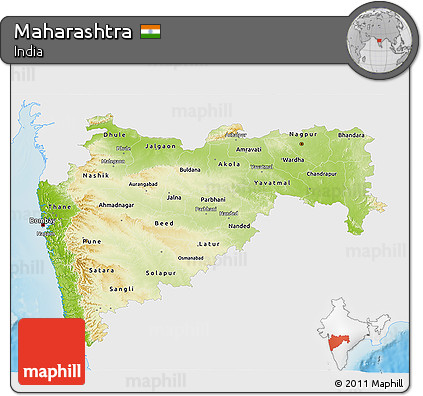 Physical 3D Map of Maharashtra, single color outside