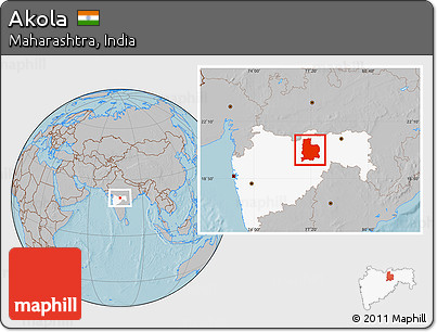 Gray Location Map of Akola, highlighted parent region, hill shading