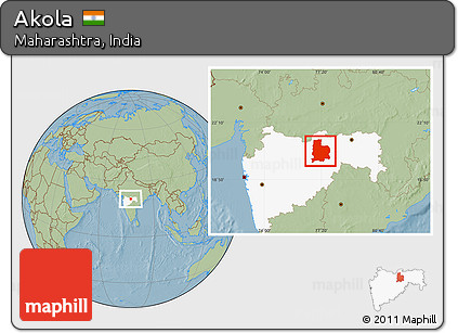 Savanna Style Location Map of Akola, highlighted parent region, hill shading