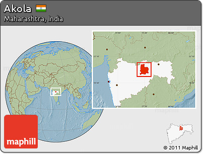 Savanna Style Location Map of Akola, highlighted parent region, hill shading