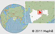 Savanna Style Location Map of Akola, highlighted parent region, hill shading