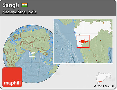 Savanna Style Location Map of Sangli, highlighted parent region, hill shading