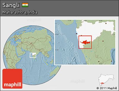 Savanna Style Location Map of Sangli, highlighted parent region, hill shading