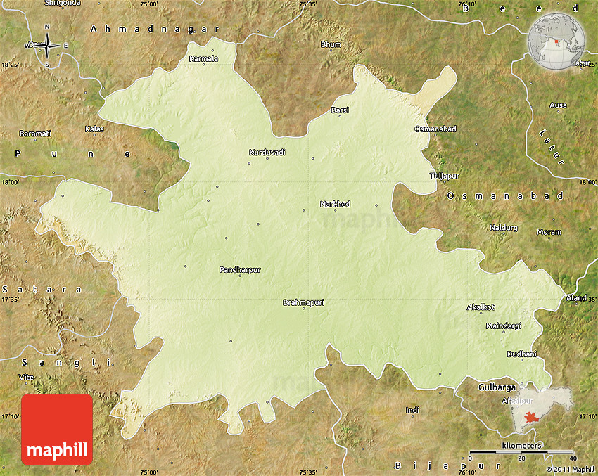 Physical Map of Solapur, satellite outside