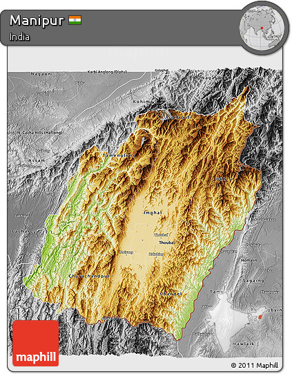 Physical 3D Map of Manipur, desaturated