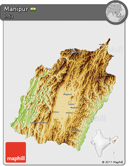 Physical 3D Map of Manipur, single color outside