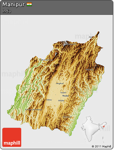 Physical 3D Map of Manipur, single color outside