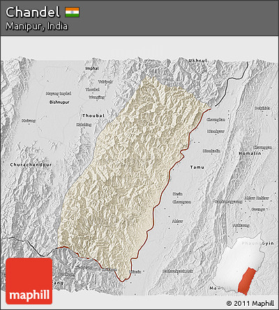 Shaded Relief 3D Map of Chandel, desaturated