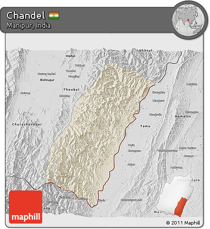 Shaded Relief 3D Map of Chandel, desaturated