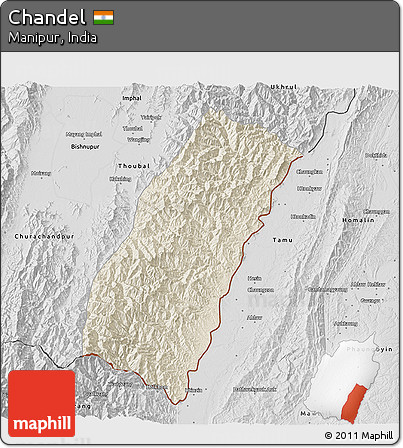 Shaded Relief 3D Map of Chandel, desaturated