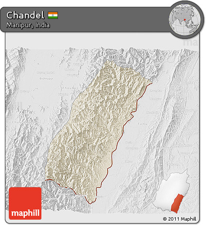 Shaded Relief 3D Map of Chandel, lighten, desaturated