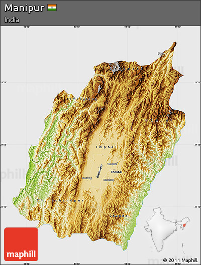 Physical Map of Manipur, single color outside