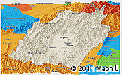 Shaded Relief Panoramic Map of Manipur, political outside