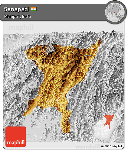 Physical 3D Map of Senapati, lighten, desaturated
