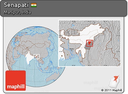 Gray Location Map of Senapati, highlighted country, highlighted parent region, hill shading