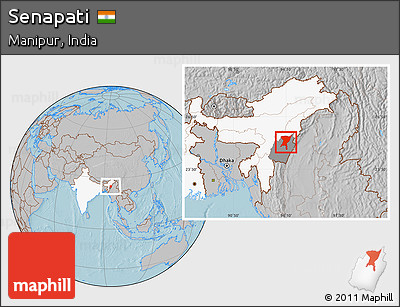 Gray Location Map of Senapati, highlighted country, highlighted parent region, hill shading