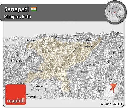 Shaded Relief Panoramic Map of Senapati, desaturated