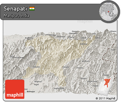 Shaded Relief Panoramic Map of Senapati, semi-desaturated