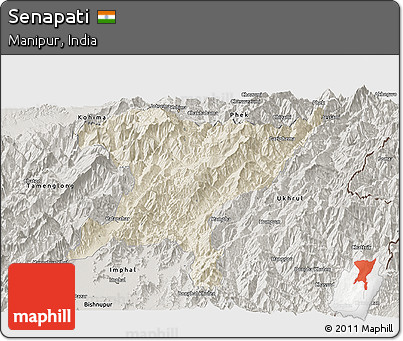 Shaded Relief Panoramic Map of Senapati, semi-desaturated