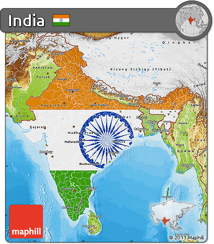 Flag Map of India, physical outside, bathymetry sea, flag centered