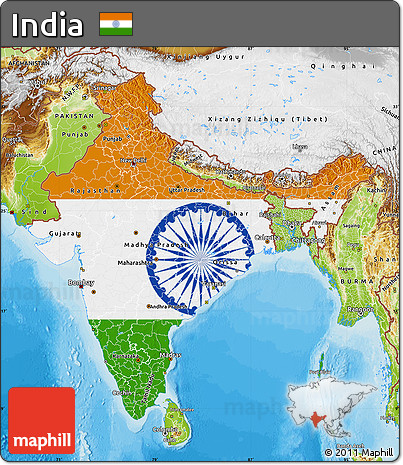 Flag Map of India, physical outside, bathymetry sea, flag centered