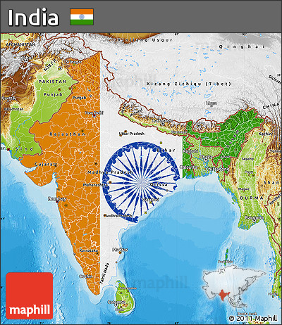 Flag Map of India, physical outside, bathymetry sea, flag aligned to the middle