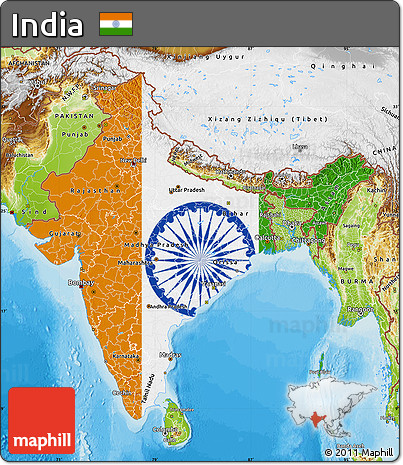 Flag Map of India, physical outside, bathymetry sea, flag aligned to the middle