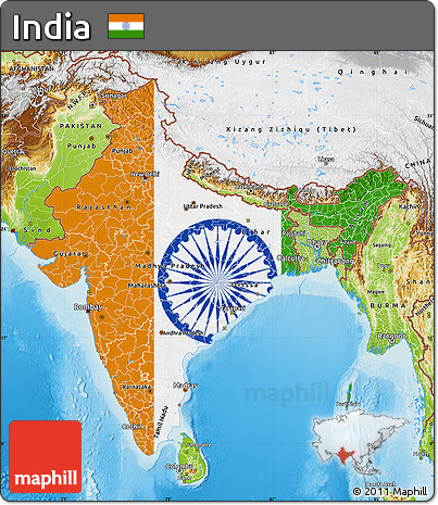 Flag Map of India, physical outside, flag aligned to the middle