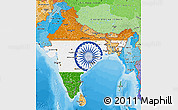 Flag Map of India, political shades outside, flag centered