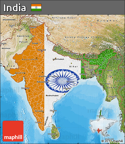 Flag Map of India, satellite outside, bathymetry sea, flag rotated