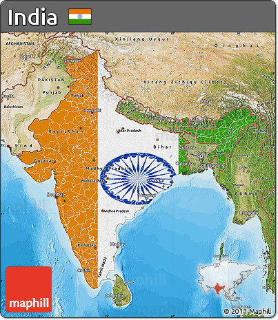 Flag Map of India, satellite outside, bathymetry sea, flag rotated