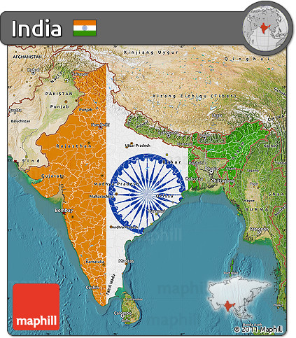 Flag Map of India, satellite outside, flag aligned to the middle
