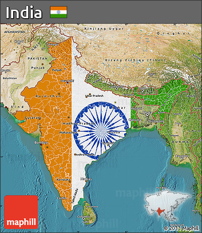 Flag Map of India, satellite outside, flag aligned to the middle
