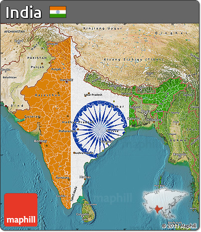 Flag Map of India, satellite outside, flag aligned to the middle