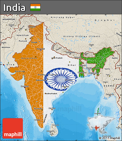 Flag Map of India, shaded relief outside, bathymetry sea, flag rotated