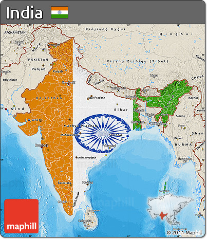 Flag Map of India, shaded relief outside, bathymetry sea, flag rotated