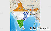 Flag Map of India, shaded relief outside, bathymetry sea