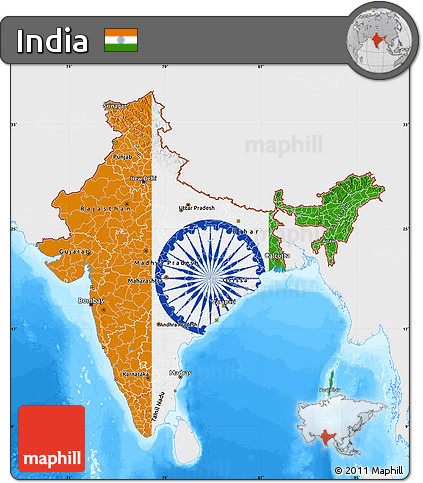 Flag Map of India, single color outside, bathymetry sea, flag aligned to the middle