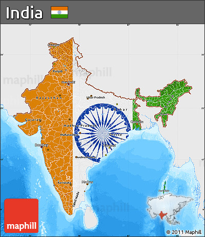 Flag Map of India, single color outside, bathymetry sea, flag aligned to the middle