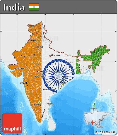 Flag Map of India, single color outside, bathymetry sea, flag aligned to the middle