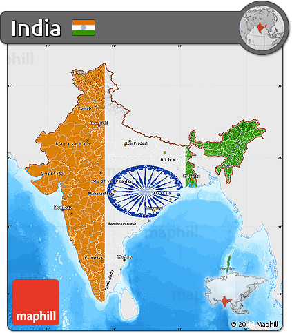 Flag Map of India, single color outside, bathymetry sea, flag rotated