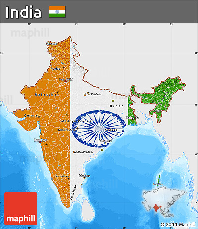 Flag Map of India, single color outside, bathymetry sea, flag rotated