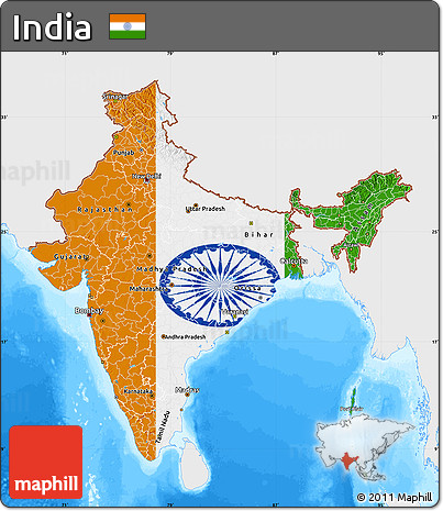 Flag Map of India, single color outside, bathymetry sea, flag rotated