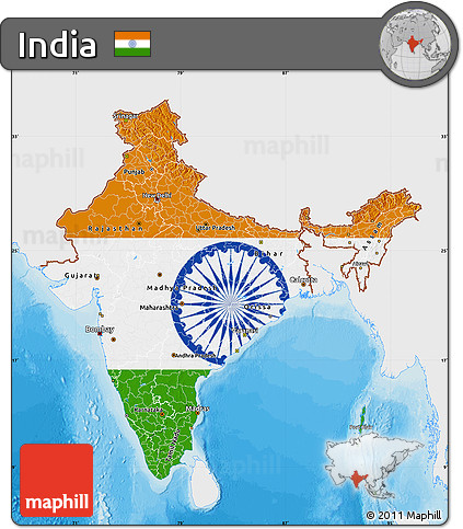Flag Map of India, single color outside, bathymetry sea, shaded relief sea, flag centered