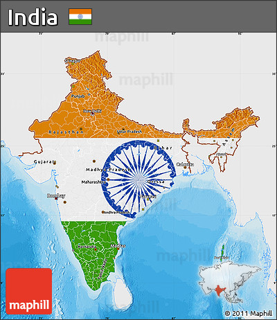 Flag Map of India, single color outside, bathymetry sea, shaded relief sea, flag centered