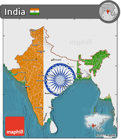 Flag Map of India, single color outside, satellite sea, flag aligned to the middle