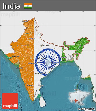 Flag Map of India, single color outside, satellite sea, flag aligned to the middle