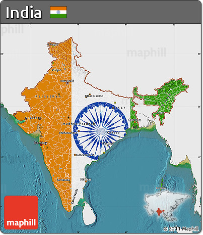 Flag Map of India, single color outside, satellite sea, flag aligned to the middle